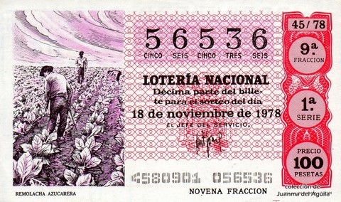 Décimo de Lotería Nacional de 1978 Sorteo 45 - REMOLACHA AZUCARERA Décimo de Lotería Nacional de 1978 Sorteo 45 - REMOLACHA AZUCARERA