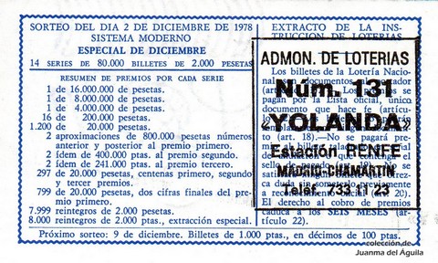 Reverso del décimo de Lotería Nacional de 1978 Sorteo 47