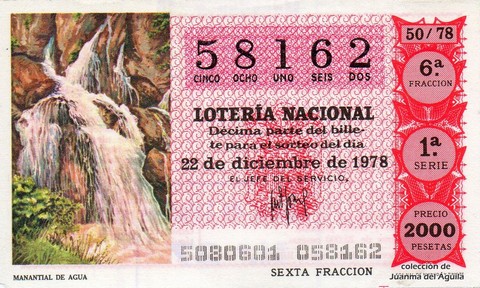 Décimo de Lotería Nacional de 1978 Sorteo 50 - MANANTIAL DE AGUA Décimo de Lotería Nacional de 1978 Sorteo 50 - MANANTIAL DE AGUA
