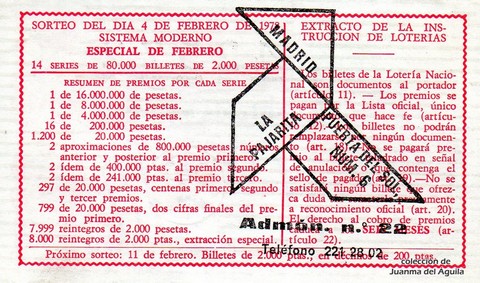 Reverso del décimo de Lotería Nacional de 1978 Sorteo 5