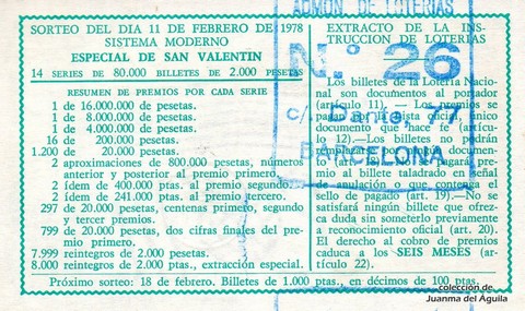 Reverso del décimo de Lotería Nacional de 1978 Sorteo 6