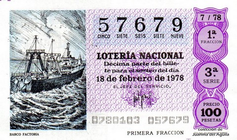 Décimo de Lotería Nacional de 1978 Sorteo 7 - BARCO FACTORIA Décimo de Lotería Nacional de 1978 Sorteo 7 - BARCO FACTORIA