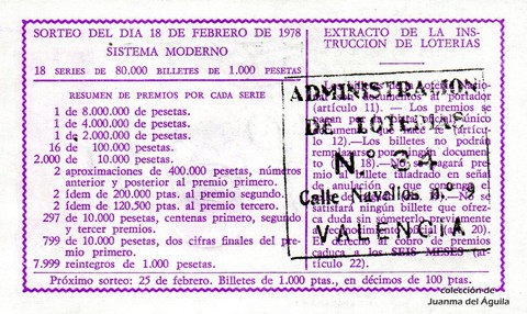 Reverso del décimo de Lotería Nacional de 1978 Sorteo 7