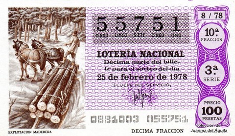 Décimo de Lotería Nacional de 1978 Sorteo 8 - EXPLOTACION MADERERA Décimo de Lotería Nacional de 1978 Sorteo 8 - EXPLOTACION MADERERA