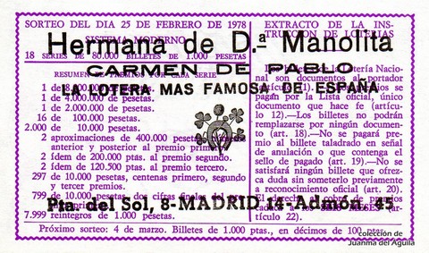 Reverso del décimo de Lotería Nacional de 1978 Sorteo 8