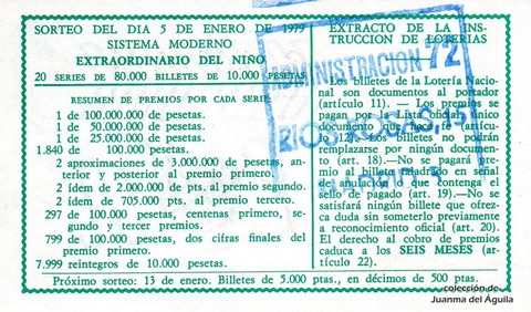 Reverso del décimo de Lotería Nacional de 1979 Sorteo 1