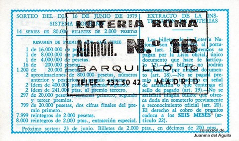 Reverso del décimo de Lotería Nacional de 1979 Sorteo 23