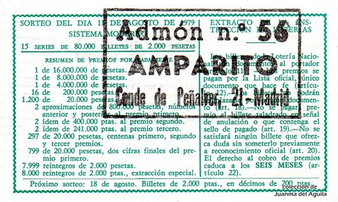 Reverso del décimo de Lotería Nacional de 1979 Sorteo 31