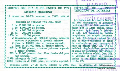 Reverso del décimo de Lotería Nacional de 1979 Sorteo 3