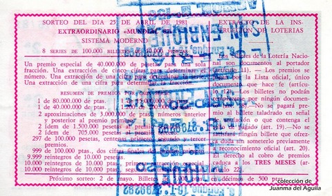 Reverso décimo de Lotería 1981 / 16