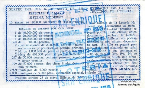 Reverso del décimo de Lotería Nacional de 1981 Sorteo 19