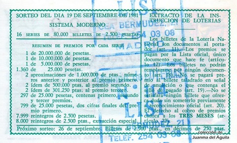 Reverso del décimo de Lotería Nacional de 1981 Sorteo 37