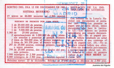 Reverso del décimo de Lotería Nacional de 1981 Sorteo 49