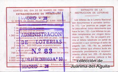 Reverso del décimo de Lotería Nacional de 1982 Sorteo 11