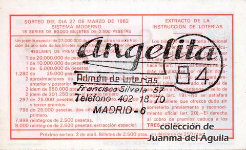 Reverso del décimo de Lotería Nacional de 1982 Sorteo 12