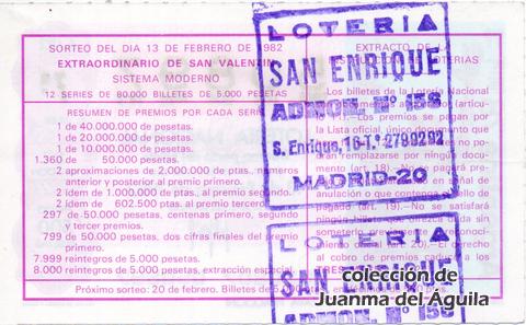 Reverso del décimo de Lotería Nacional de 1982 Sorteo 6