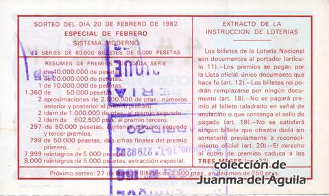Reverso del décimo de Lotería Nacional de 1982 Sorteo 7