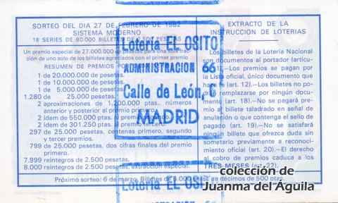 Reverso del décimo de Lotería Nacional de 1982 Sorteo 8