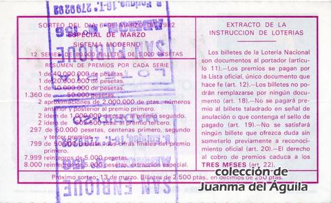 Reverso del décimo de Lotería Nacional de 1982 Sorteo 9