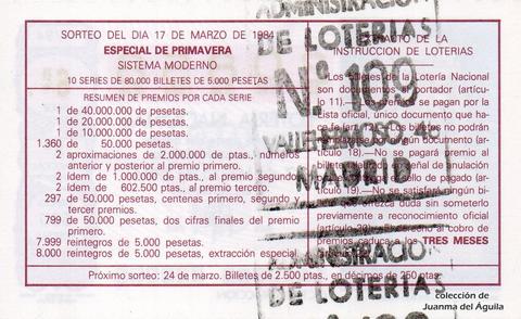 Reverso décimo de Lotería 1984 / 11