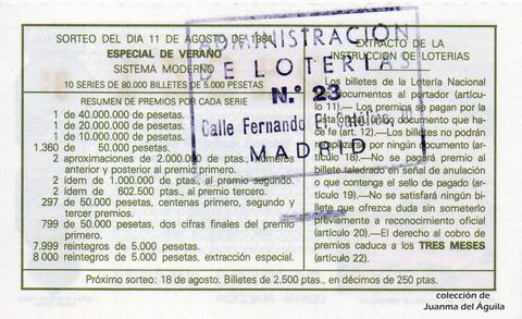 Reverso décimo de Lotería 1984 / 31