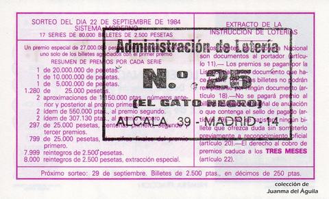 Reverso décimo de Lotería 1984 / 37