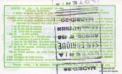 Reverso décimo de Lotería 1984 / 47