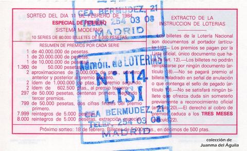 Reverso décimo de Lotería 1984 / 6