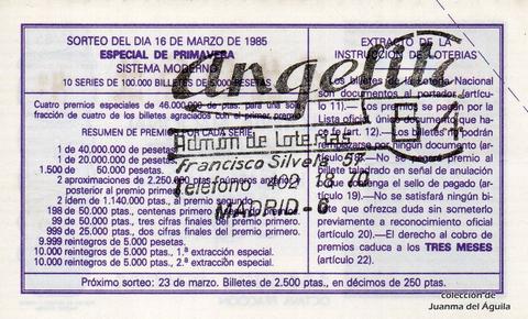 Reverso décimo de Lotería 1985 / 11