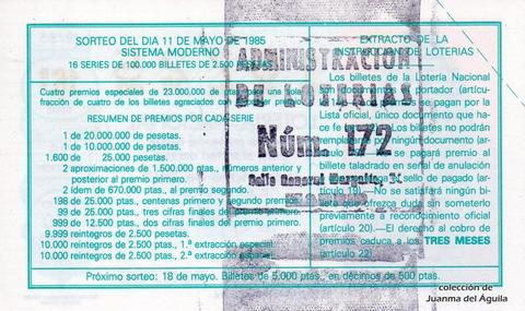 Reverso del décimo de Lotería Nacional de 1985 Sorteo 18