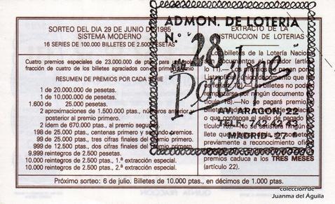 Reverso décimo de Lotería 1985 / 25