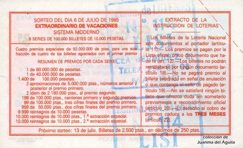 Reverso décimo de Lotería 1985 / 26