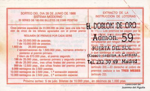 Reverso décimo de Lotería 1986 / 26