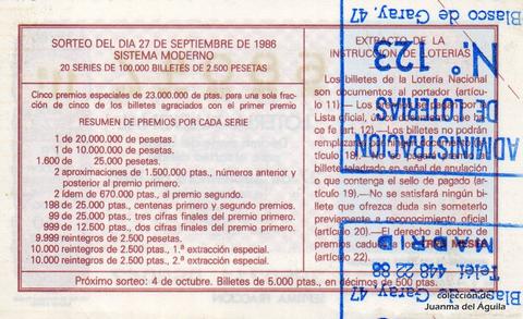 Reverso del décimo de Lotería Nacional de 1986 Sorteo 39