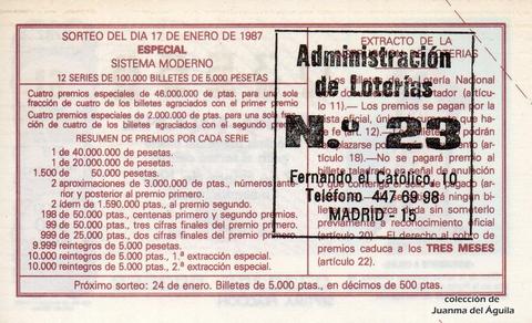 Reverso del décimo de Lotería Nacional de 1987 Sorteo 3
