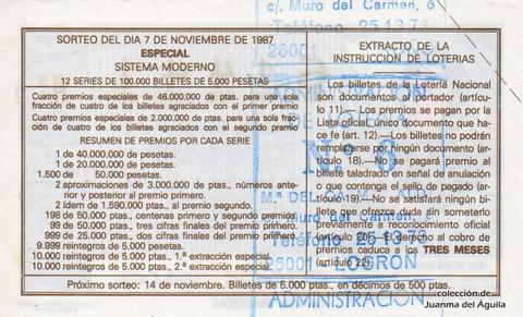 Reverso décimo de Lotería 1987 / 45