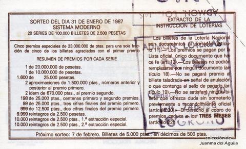 Reverso del décimo de Lotería Nacional de 1987 Sorteo 5