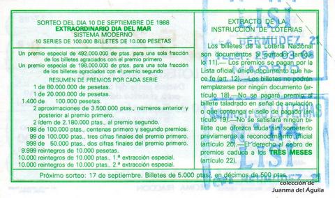 Reverso del décimo de Lotería Nacional de 1988 Sorteo 37