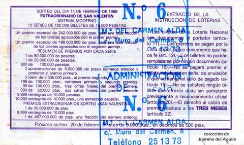 Reverso del décimo de Lotería Nacional de 1988 Sorteo 7