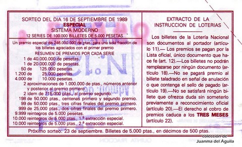 Reverso del décimo de Lotería Nacional de 1989 Sorteo 37