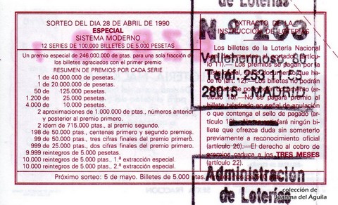Reverso del décimo de Lotería Nacional de 1990 Sorteo 17