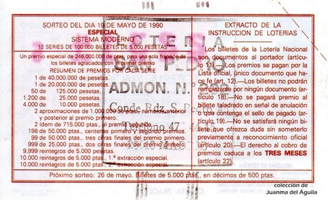 Reverso del décimo de Lotería Nacional de 1990 Sorteo 20