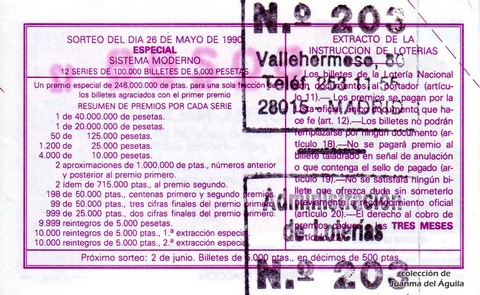 Reverso del décimo de Lotería Nacional de 1990 Sorteo 21