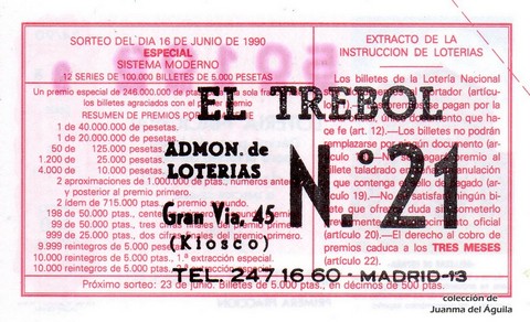 Reverso del décimo de Lotería Nacional de 1990 Sorteo 24