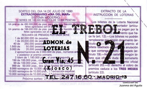 Reverso del décimo de Lotería Nacional de 1990 Sorteo 28