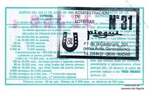 Reverso del décimo de Lotería Nacional de 1990 Sorteo 29