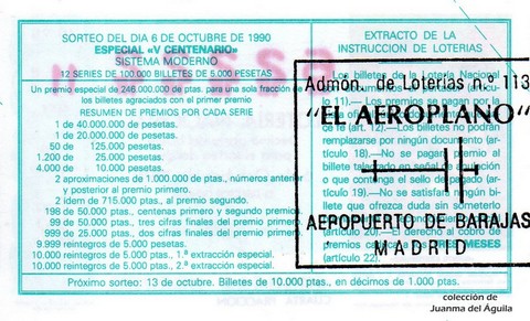 Reverso del décimo de Lotería Nacional de 1990 Sorteo 40