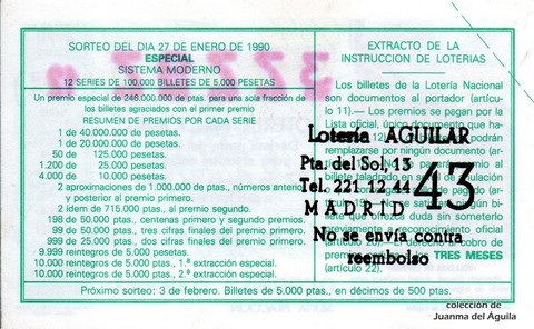 Reverso del décimo de Lotería Nacional de 1990 Sorteo 4