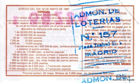 Reverso décimo de Lotería 1991 / 20