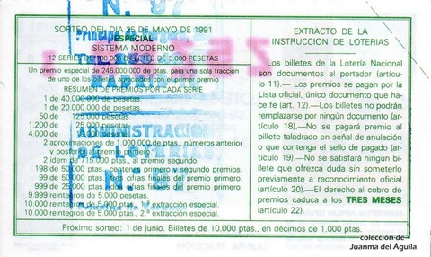 Reverso décimo de Lotería 1991 / 21